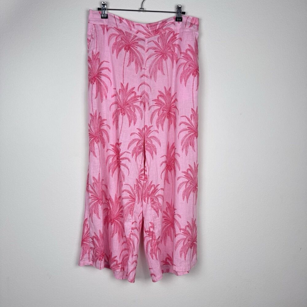Tahari Wide Leg Linen Pants Large Tropical Crop Pink Palm Tree Lagenlook 32X23 - Picture 1 of 7
